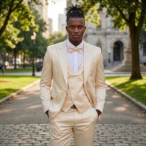 New 2026 Mens 3pc Solid Shiny Satin Champagne Suit Set, Skinny Fit